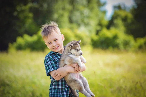 Мальчик с щенком хаски — стоковое фото