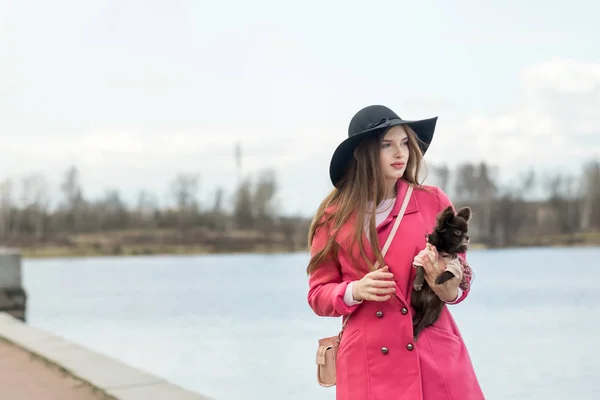 Kız pembe bir ceket ve siyah bir şapka ile bir küçük köpek — Stok fotoğraf