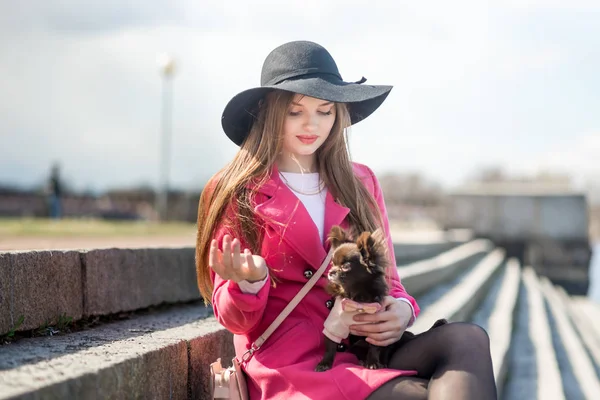 Kız pembe bir ceket ve siyah bir şapka ile bir küçük köpek — Stok fotoğraf