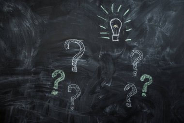 Siyah Kara tahta soru işaretleri ve ampul üzerinde çizilmiş