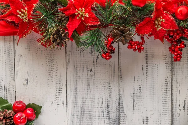 Branches d'épinette et poinsettias sur un fond blanc — Photo