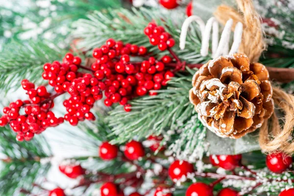 Ramo dell'albero di Natale con bacche rosse macro — Foto Stock