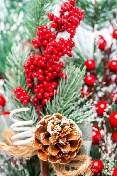 Ramo dell'albero di Natale con bacche rosse macro — Foto Stock