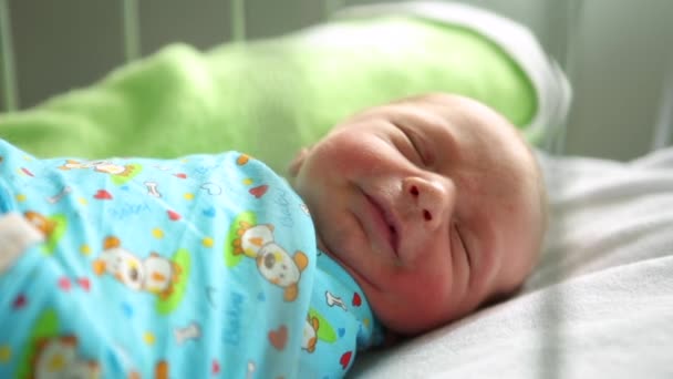 Newborn boy sleeping in her bed in the maternity hospital. He wants to eat — Stock Video