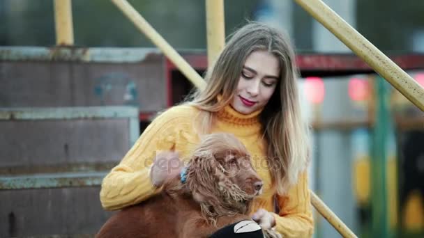 Mujer rubia y perro cocker spaniel golpes el perro cuida besos sonríe en la noche en la ciudad — Vídeo de stock