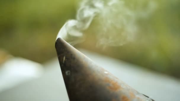 Un fumeur d'abeilles se tient autour de la ruche. Un seul. Gros plan 