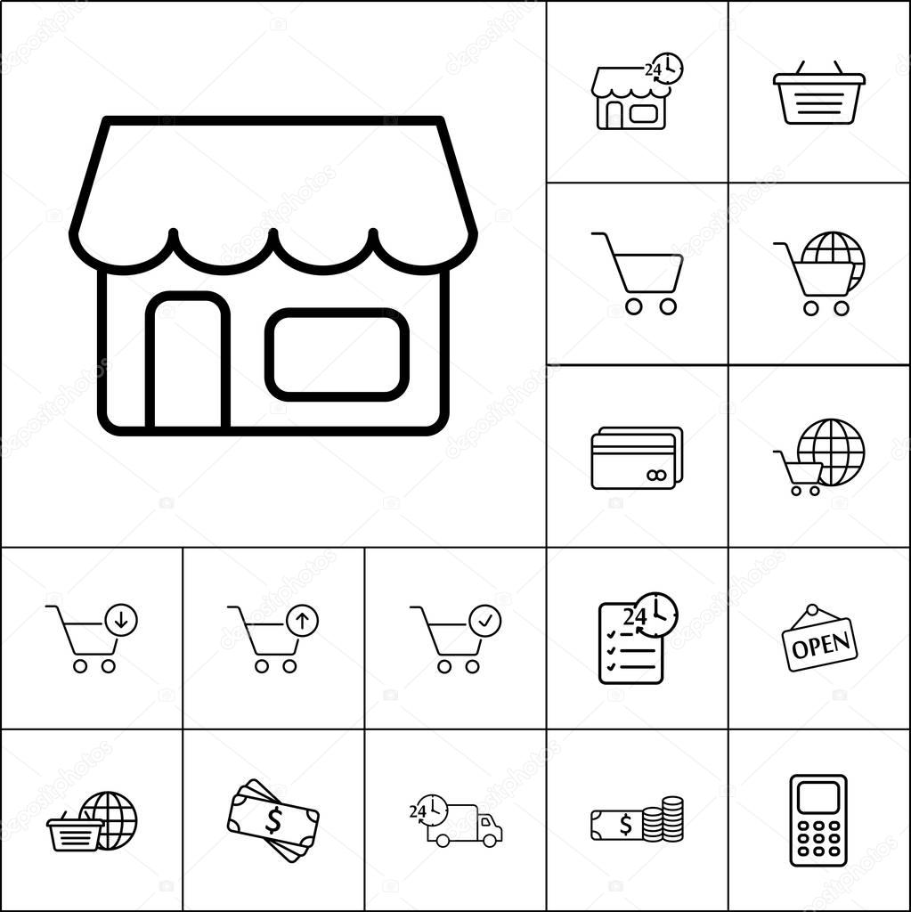 thin line market icon on white background, shopping icons set
