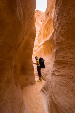 Kadın Hiker sırt çantası ile zevk çöl görünümünde