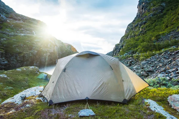 Tourist tent in mountains summertime sunset Norway — Stock Photo, Image