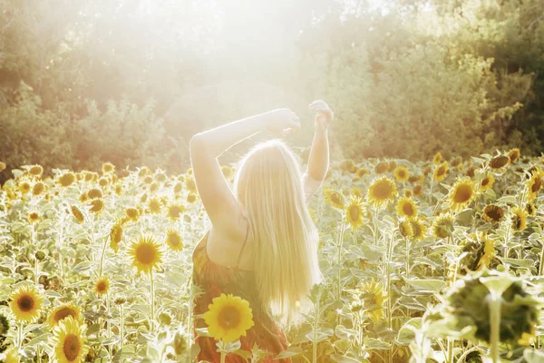 Beleza mulher iluminada pelo sol no campo de girassol amarelo Conceito de liberdade e felicidade — Fotografia de Stock