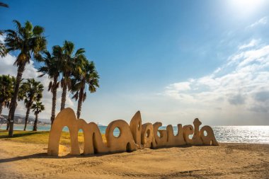Malaga Beach Costa del Sol Ispanya 'da Malagueta kelime