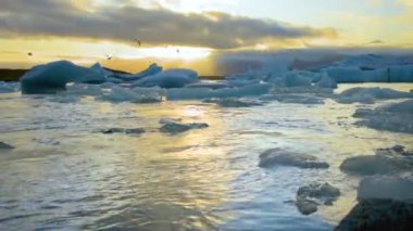Buzdağları İzlanda 'da Jokulsarlon Buzul Gölü' nde yüzüyor.