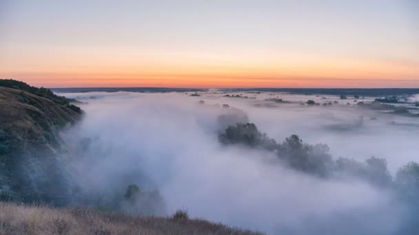 Timelapse niebla que se enrolla sobre el río y el prado en el fondo del amanecer — Vídeos de Stock