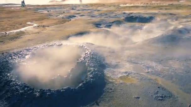 Boiling mud pots the Namafjall Hverir geothermal area in Iceland — Stock Video