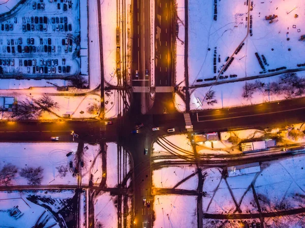 Aerial winter sunset drone view. Crossroads of walkways in residential district — Stock Photo, Image