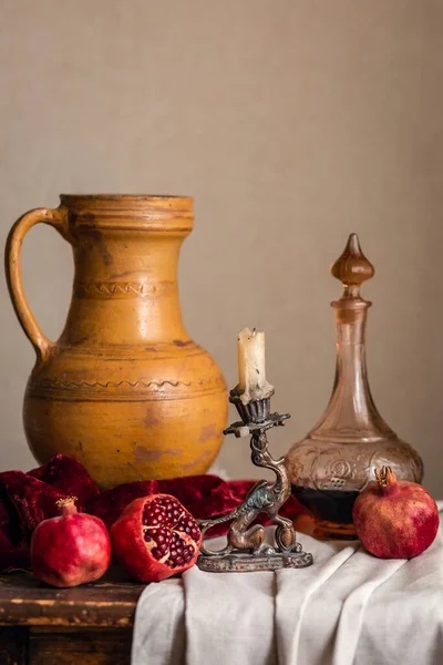 Still Life East Style Pomegranate Old Clay Jug Beige Background — Stock Photo, Image