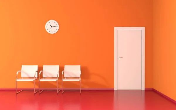 Tres taburetes blancos y reloj de pared en la sala de espera —  Fotos de Stock