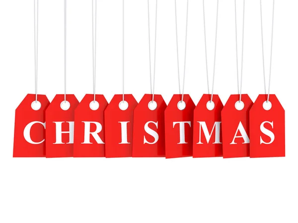 Christmas sales on red hanging labels — Stock Photo, Image