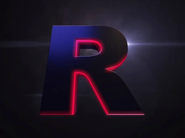 Letter R black extruded symbol with red light outline