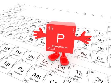 Phosphorus element symbol on the periodic table - happy red cube with hands up clipart