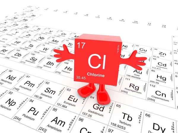 氯元素符号周期表 快乐的红色立方体手举起来 — 图库照片