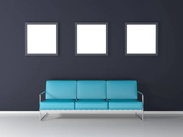 尼斯候诊室与蓝色沙发三图片框在黑暗的墙壁 — 图库照片