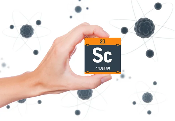 Skandium Element Symbol Handhållna Och Atomer Svävar Bakgrunden — Stockfoto