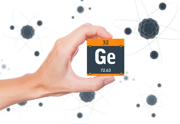 Germanium Element Symbol Handhållna Och Atomer Svävar Bakgrunden — Stockfoto