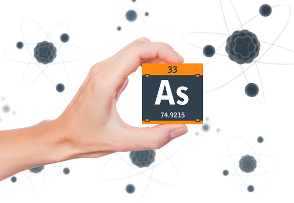 Arsenik Element Symbol Handhållna Och Atomer Svävar Bakgrunden — Stockfoto