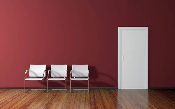 Αίθουσα Αναμονής Κόκκινο Τοίχο Ξύλινο Πάτωμα Και Τρεις Λευκές Καρέκλες — Φωτογραφία Αρχείου
