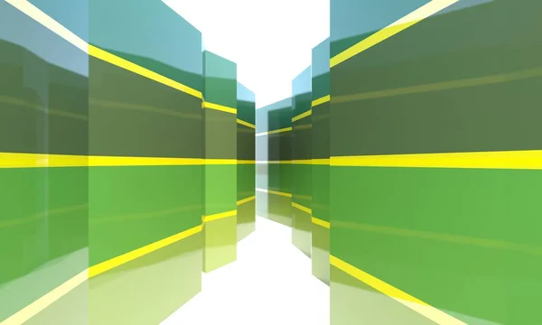 Αφηρημένο Σχήμα Γυαλιστερό Διάδρομο Προοπτική Πράσινο Και Κίτρινο — Φωτογραφία Αρχείου