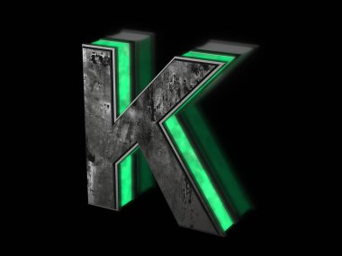 Fütüristik mektupta K - hacimsel paslı metal harf anahat yeşil ışık parlayan ile karanlık 3d render