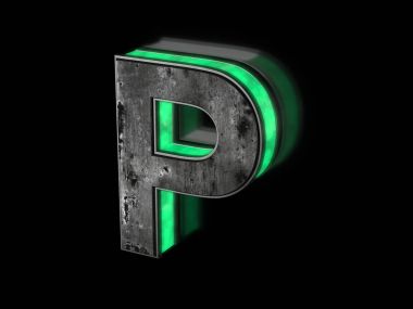 Fütüristik mektupta P - hacimsel paslı metal harf anahat yeşil ışık parlayan ile karanlık 3d render