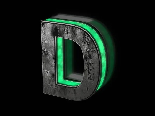 Futuristic letter D - volumetric rusty metal letter with green light outline glowing in the dark 3D render