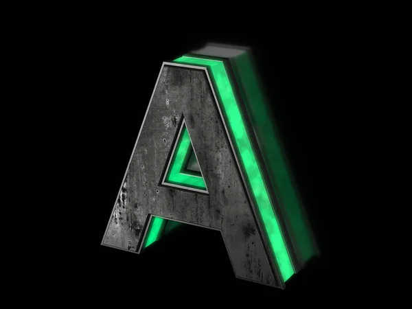 Futuristic letter A - volumetric rusty metal letter with green light outline glowing in the dark 3D render