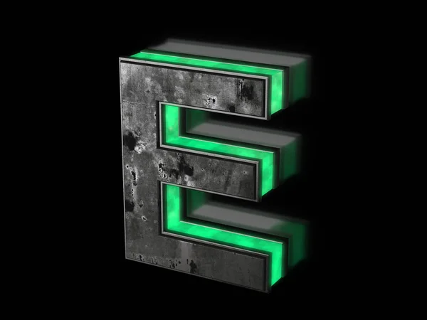 未来的字母 容量生锈的金属字母与绿色的光轮廓发光在黑暗的3D — 图库照片