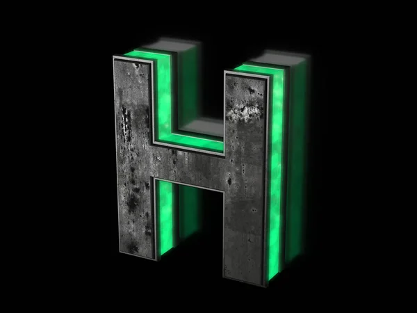 Futuristic letter H - volumetric rusty metal letter with green light outline glowing in the dark 3D render