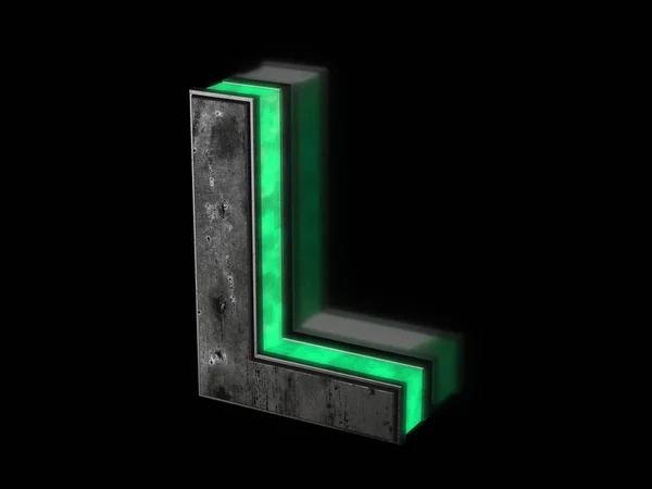 Futuristic letter L - volumetric rusty metal letter with green light outline glowing in the dark 3D render