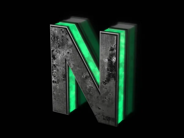 Futuristic letter N - volumetric rusty metal letter with green light outline glowing in the dark 3D render