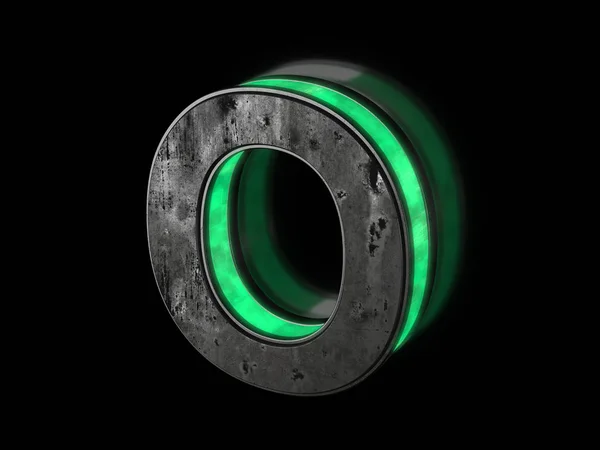 未来的字母 容量生锈的金属字母与绿色光轮廓发光在黑暗的3D — 图库照片