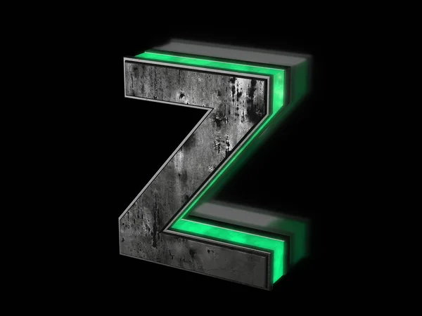 Futuristic letter Z - volumetric rusty metal letter with green light outline glowing in the dark 3D render