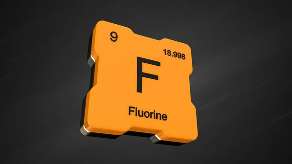 氟元素数9从周期表中的未来黄色图标和漂亮的镜头耀斑在嘈杂的黑暗背景 — 图库照片