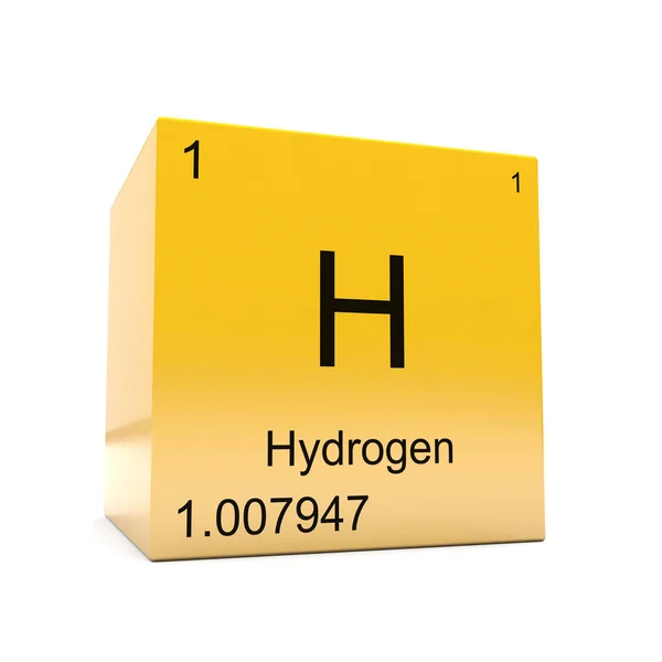 在光滑黄色立方体上显示的周期表中的氢化学元素符号 — 图库照片