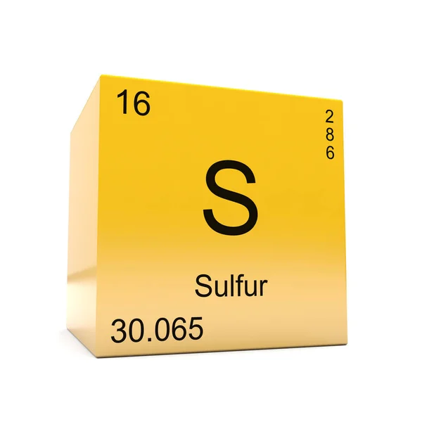 Sulfur chemical element symbol from the periodic table displayed on glossy yellow cube