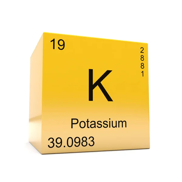 Símbolo Elemento Químico Potássio Tabela Periódica Exibida Cubo Amarelo Brilhante — Fotografia de Stock