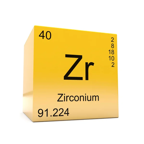 光沢のある黄色の立方体に表示される周期的なテーブルからジルコニウム化学要素の記号 — ストック写真