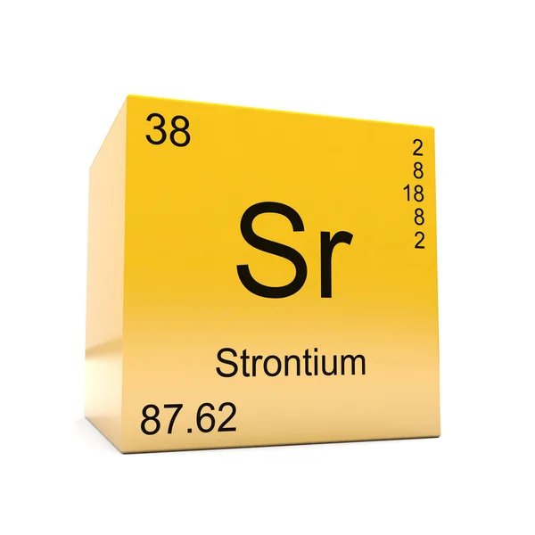 在光滑黄色立方体上显示的周期表中锶化学元素符号 — 图库照片