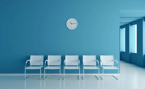 Espace Salle Attente Sur Couloir Bleu Avec Grandes Fenêtres Dans — Photo