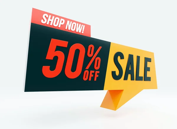 50% Sale, Shop Now text words on glossy bubble 3D render