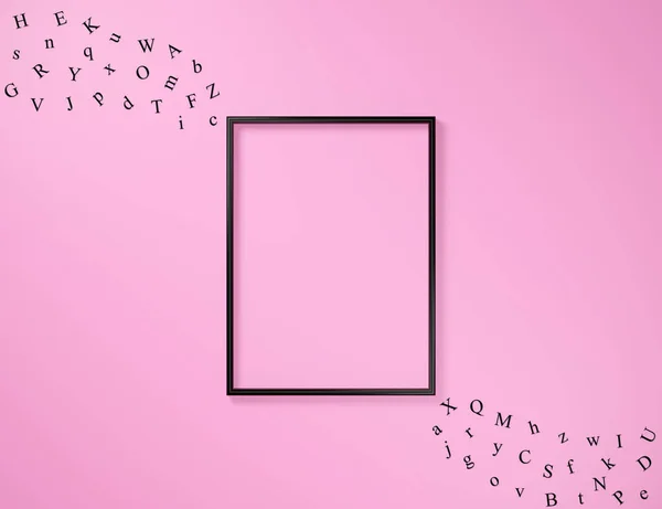 ピンクの紙の背景の隅にアルファベットで囲まれた写真フレーム 新規プロジェクト空白のフレーム3Dレンダリング — ストック写真